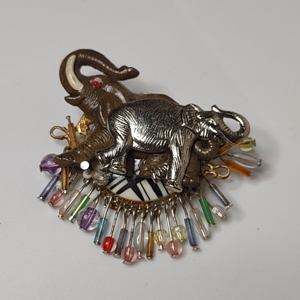 Plastic And Metal Dangling Bead Lucky Elephant Brooch